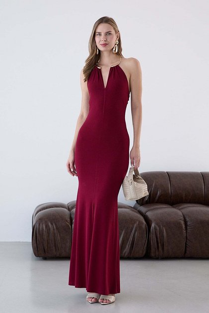 Burgundy Gold Metal Collar Detailed V-Neck Long Dress