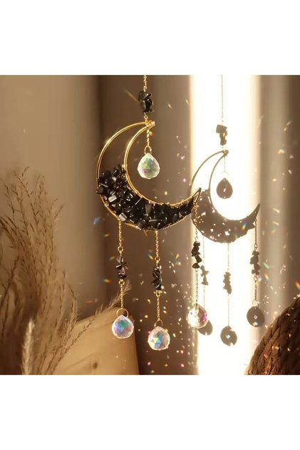 Suncatcher Yarım Ay Doğal Obsidyen Taşlı Kristal Güneş Yakalayıcı-Güneş Kapanı Pencere Ev Bahçe Dekorasyonu