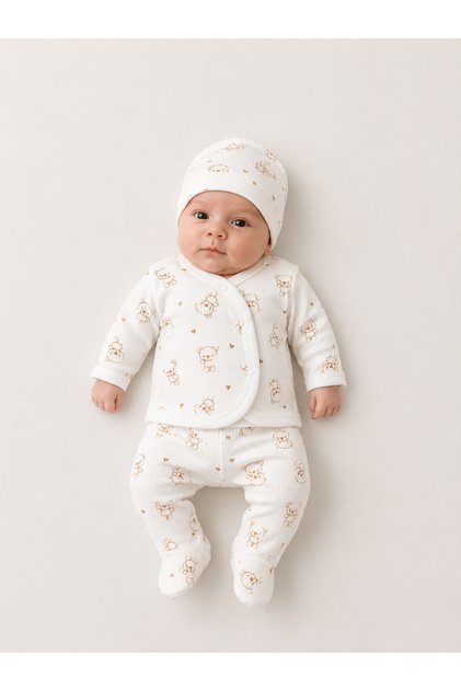 Newborn Teddy Bear Patterned 3-Piece Baby Hospital Discharge Set