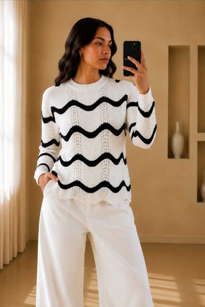 Women's Zigzag Thin Striped Crew Neck Knitwear Sweater