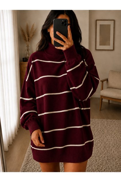 Women's Half-Throat Striped Knitwear Sweater Oversize Loose Design
