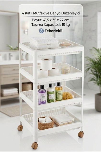 Sebzelik Mutfak ve Banyo Düzenleyici 4 katlı Tekerlekli Stant