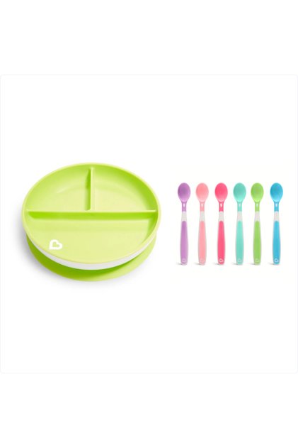 Fixed Vacuum Feeding Plate | 6 Months+, 3-Compartment Green and Soft Tip 6-Piece Colorful Baby Spoons Set of 2