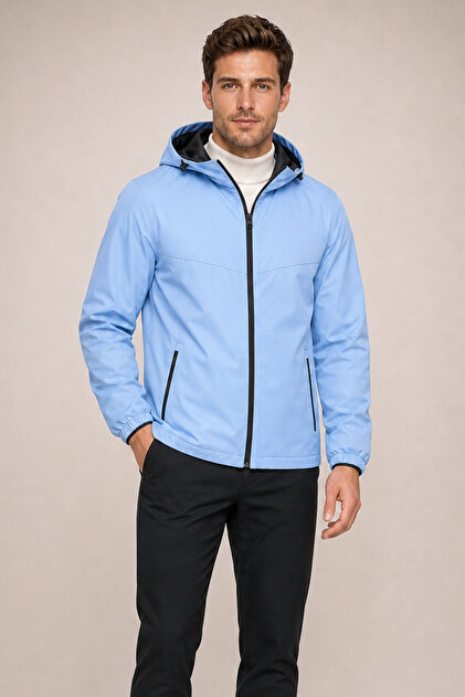 Men's Blue Water-Resistant Windbreaker & Raincoat with Removable Hood and Zipper
