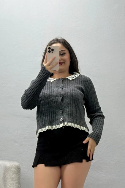 Women's Lace Detailed Knitwear Cardigan Anthracite