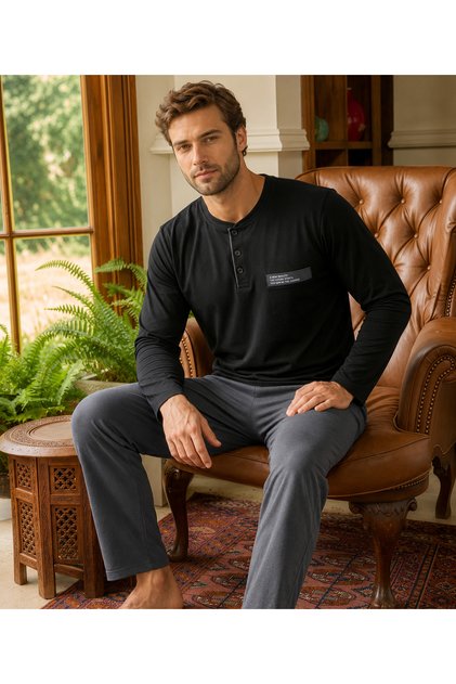 Men's Long Sleeve Pocket Detailed 100% Cotton Pajama Set