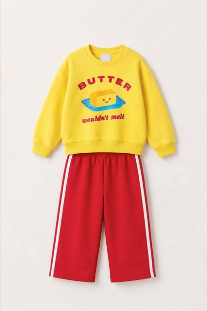 Unisex Kids Printed Yellow Sweatshirt and Red Sweatpants Set