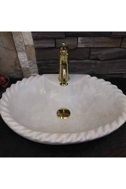 Beyaz Mermer Antik Dizayn Oval Lavabo - Batarya Çıkışlı