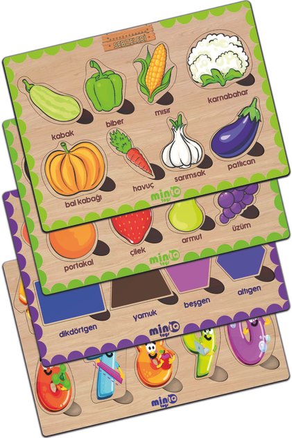 Wooden Turkish Vegetables+fruits+shapes+numbers Set of 4 Educational Puzzle