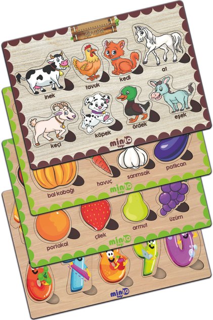 Wooden Turkish Farm Animals+vegetables-fruits-numbers Set of 4 Educational Puzzle
