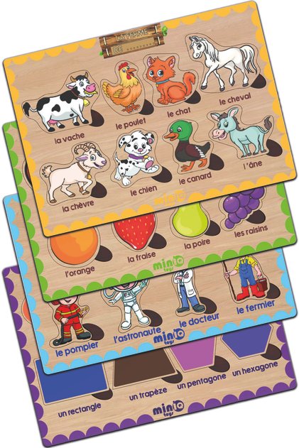 Wooden French Farm Animals-fruits-professions-figures Set of 4 Educational Puzzle