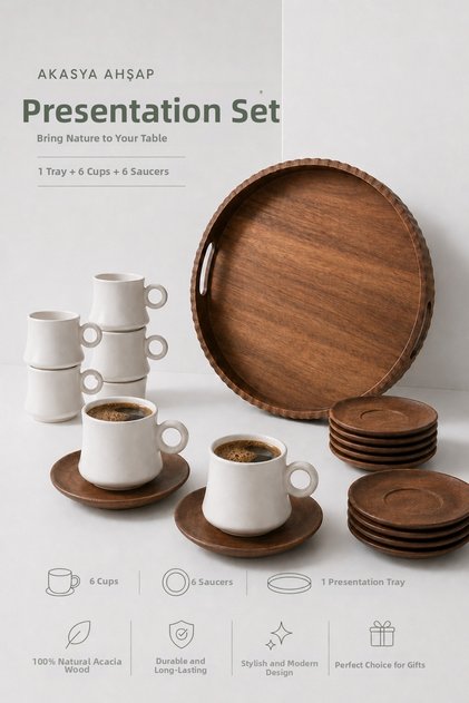 Acacia Wood Presentation Set | Round Tray and Coffee Presentation Set for 6 People