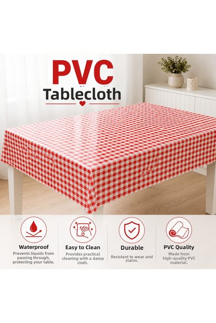 مفرش طاولة من مادة PVC مقاوم للماء وقابل للمسح بنمط منقوش باللون الأحمر