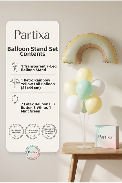 Retro Rainbow Yellow Balloon Stand Set | Transparent 7-Piece Stand + Retro Rainbow Foil Balloon 81×44 cm + 7 Latex Balloons