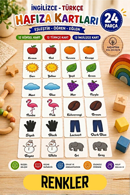 Ahşap Eşleştirme Kartları Seti – RENKLER - Hafıza Oyunu – Okul Öncesi Zeka & Dikkat Geliştirici Oyun Kartları – Puzzle Oyuncak