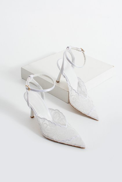 Women's White Lace Embroidery Detail Ankle Strap Thin Heeled Women's Shoes Melarin
