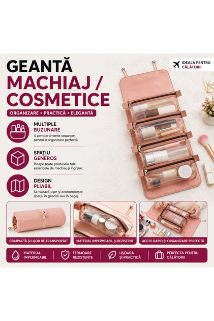 Geantă de machiaj pliabilă și portabilă, multifuncțională, poliester, roz