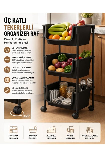 3 Katlı Tekerlekli Organizer Raf Modern Portratif Kiler Düzenleyici Sepet,Mutfak Rafı,Oyuncak Dolabı