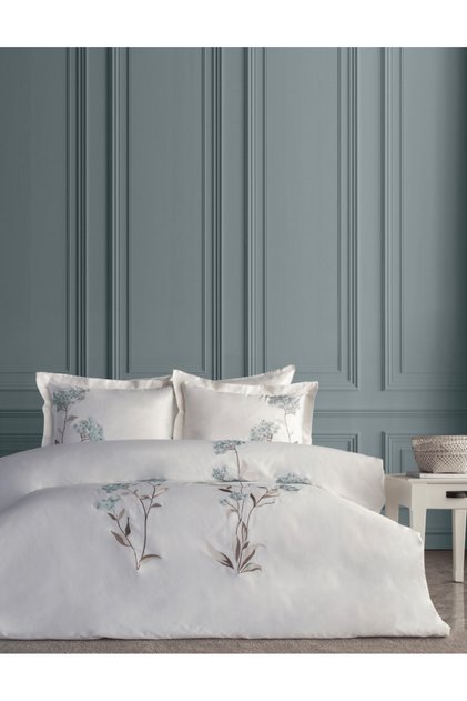 Lavinya Embroidered Cotton Satin Duvet Cover Set - Mint