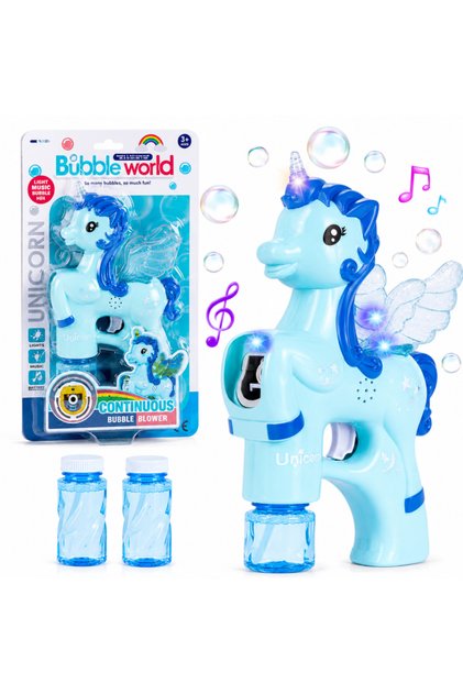 Jucărie cu baloane de săpun unicorn, muzică și lumini, alimentată cu baterii