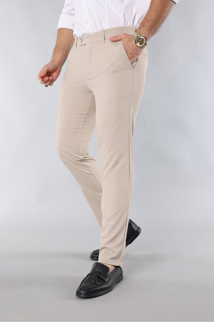 Beige Men's Slim Fit Lycra Ankle Length Italian Cut Fabric Trousers