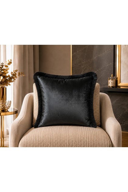 Exclusive Imported Atlas Black Color Tufted Throw Pillow Cover 43X43 cm