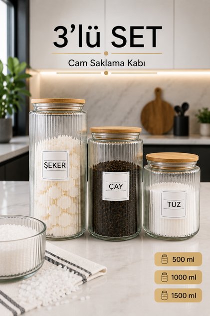 3'lü Ahşap VAKUMLU Kapaklı Çay Şeker Kahve Tuz Kavanozu Cam 3 BOY