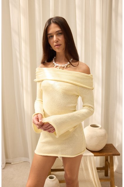 Kirana Carmen Collar Yellow Mini Knitwear Dress