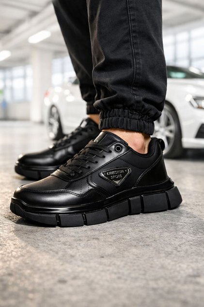 Erkek Siyah Kalın Taban Sneaker Günlük Rahat Spor Ayakkabı Kaydırmaz Modern Casual