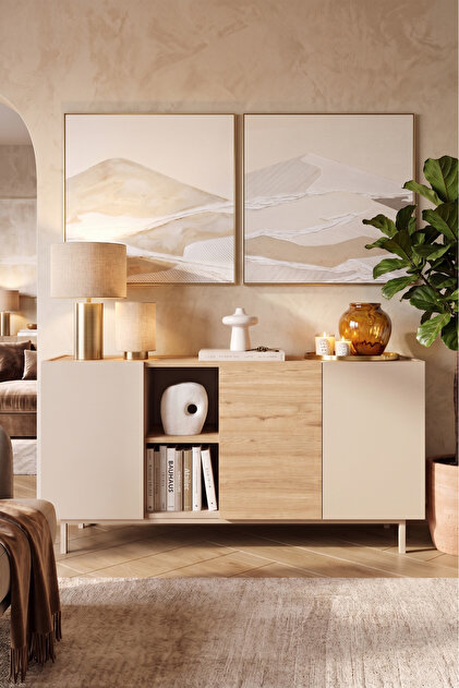 Yurudesign Sedra Konsol 3 Kapaklı Raflı Ahşap Ayaklı 150cm Kumsal