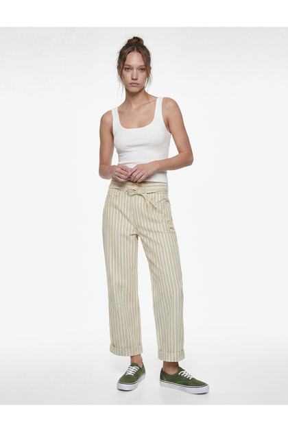 Striped Cotton Regular Waist Lace-Up Detailed Crop Wide Leg Trousers