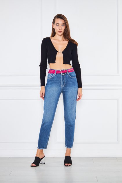 Pantaloni Mom Jean din Lycra albastru cu talie înaltă pentru femei