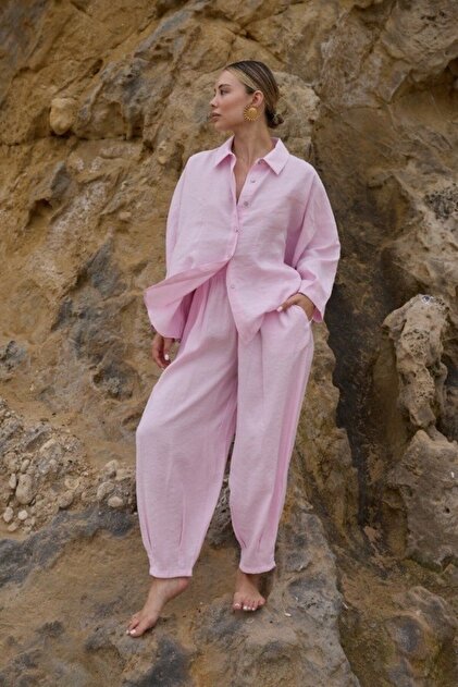 Women's Pink Oversize Shirt and Shalwar Trousers Set 50957