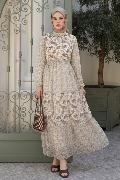 Nessa Floral Belted Chiffon Dress - Brown