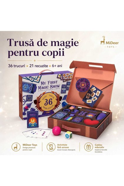 Set trusa de magie pentru copii My First Magic Show MiDeer, 36 trucuri, 21 recuzite, 6+ ani