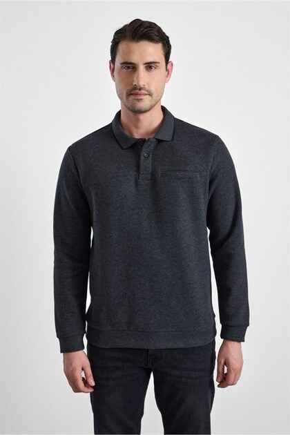 Antrasit Regular Düz Baskısız Selanik Düğmeli Polo Yaka Torba Cep Trikolu Sweatshirt