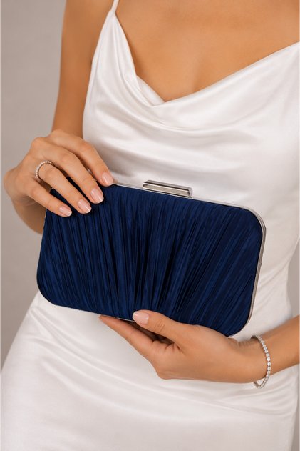 Molie Women's Navy Blue Pleated Evening Dress Handbag with Chain Strap Clutch