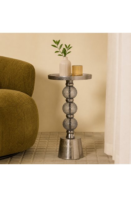 Classique Luxury Decorative Accent Side Table | Glass Sphere Pedestal End Table | Contemporary Metallic Finish | 58 x 31 x 31 cm