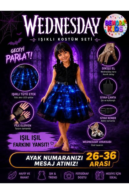 ışıklı wednesday kostüm elbise + siyah çanta+kemer+el+eldiven +wednesday topuklu ayakkabı parti