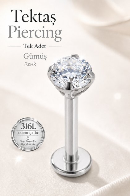Tektaş Tragus Helix Kıkırdak Lob Piercing 316L Çelik Zirkon Taşlı Tek Adet
