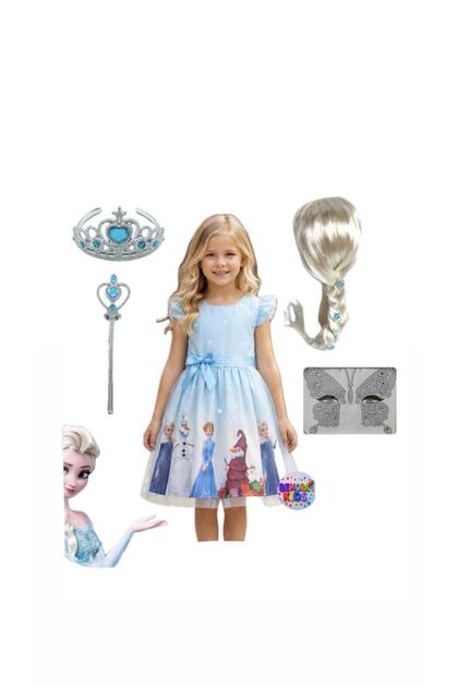Elsa Anna Frozen Dress Blue Dress Elsa Anna Printed Dress + Elsa Wig Hair + Crown Wand + Face Gem Birthday Party Wedding Invitation Eid Dress Costume