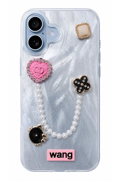 iPhone 17 Stone Case with Pearl Necklace Detail, Marbling Effect, 3D Heart and Motif Charm Cover
