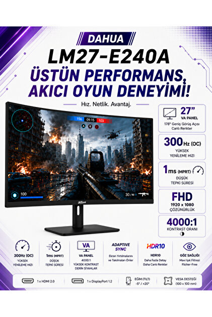 Dahua LM27-E240A 27″ 300Hz 1ms Fulll HD VA Gaming (Oyuncu) Monitör