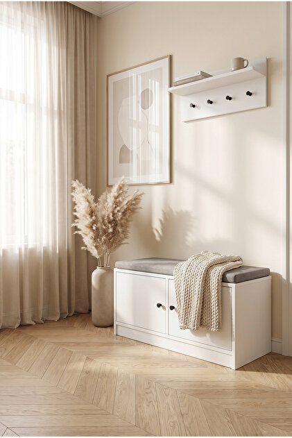 Duvar Askılıklı Puflu Ayakkabılıklı Portmanto Beyaz 65 Cm Prt-1006-ç