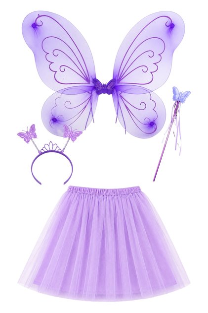 Lilac Purple Butterfly Costume Set - Tutu Skirt, Wings, Crown and Wand | Girl's Party and Show Accessory