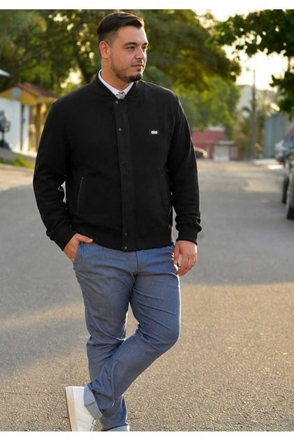erkek siyah çelik örgü triko önden fermuarlı içi astarlı cepli uzun kol büyük beden hırka