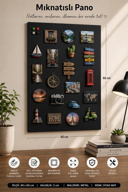 Mıknatıslı Pano - Magnet Panosu - Siyah Ofis/Çalışma Odası İçin Mıknatıs Hediyeli Metal Magnet Hatıra Panosu 60x40cm