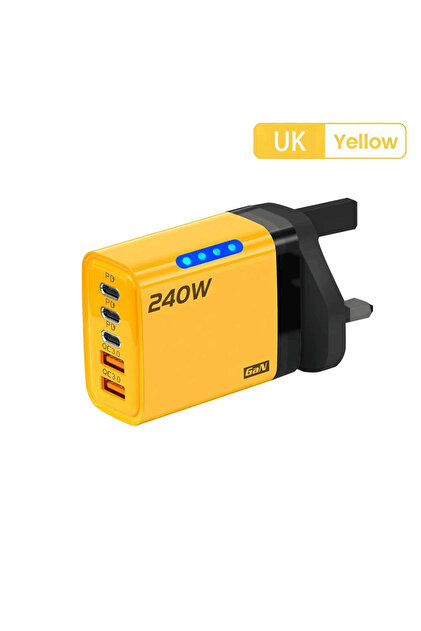 UK Plug Yellow 5 in 1 GaN USB C Desktop Charger 240W Fast Charge Phone Adapter 10A Type C Cable For