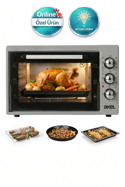 AF340L 34lt Gri Mini/Midi Fırın, Aydınlatmalı, Zaman Ayarlı, Izgara & Fırın, 2 Tepsi 1 Tel Izgara