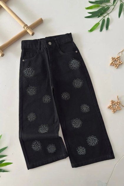 My Little One's Wide-Legged Girls' Jeans with Floral Stone Detail - Black